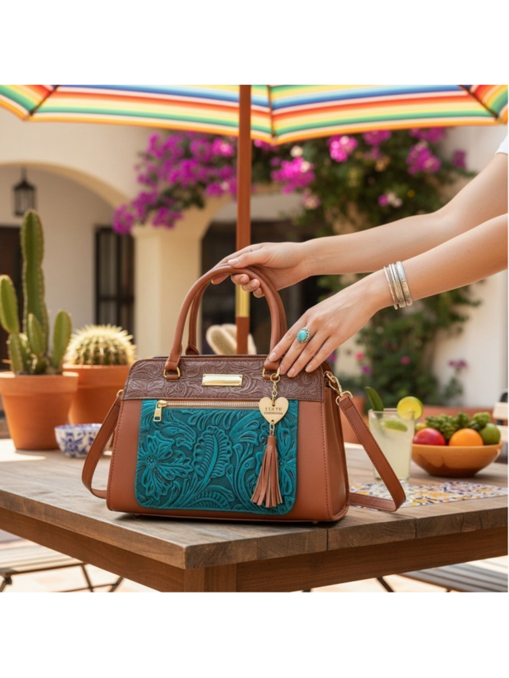 Turquoise Blue Brown FLORAL Tasseled Embossed Tooled Artisan LEATHER Purse Bag